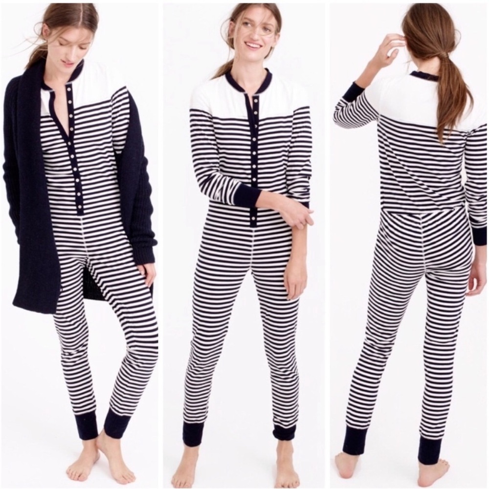 J Crew Striped union suit in dreamy cotton Navy Blue White cotton Sz S NEW